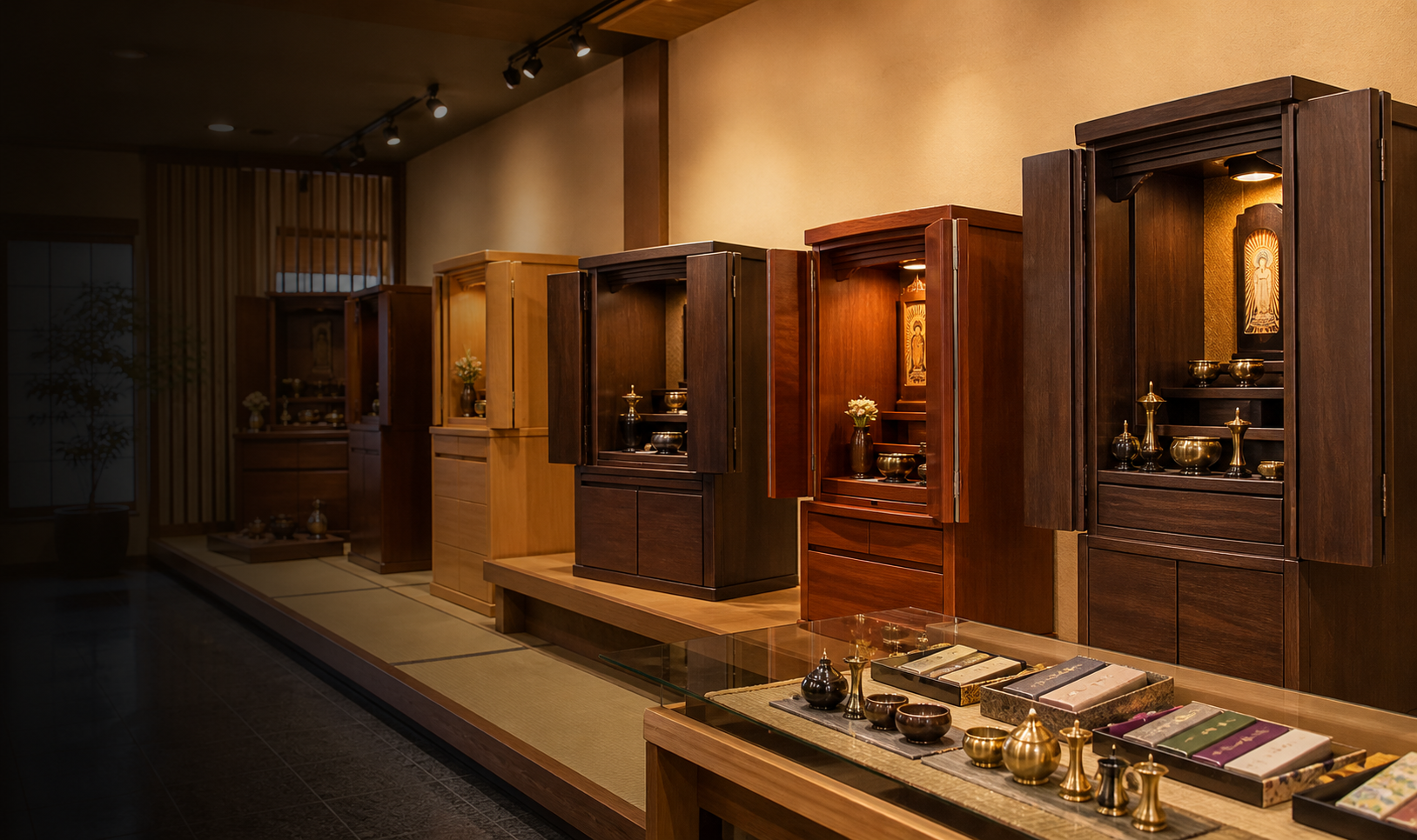 木製の仏壇が静かに並ぶ光明堂の展示場