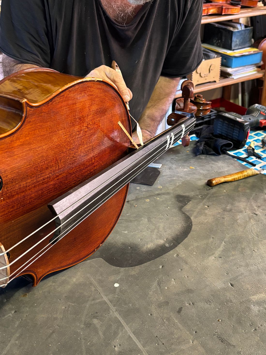 弦をゆるめて駒を外した弦楽器の指板まわりの点検作業
