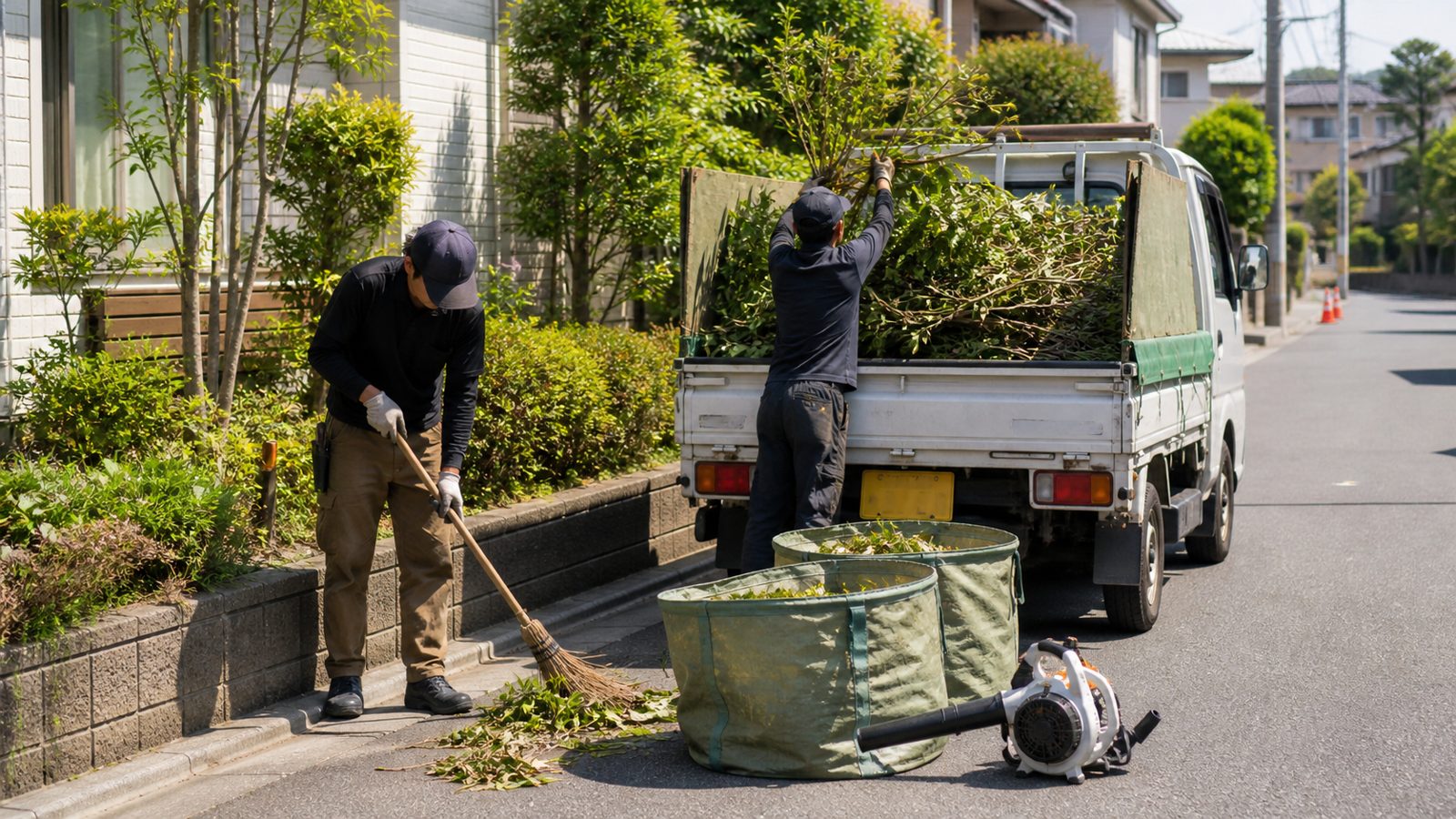 剪定後の枝葉を軽トラックへ積み込む様子